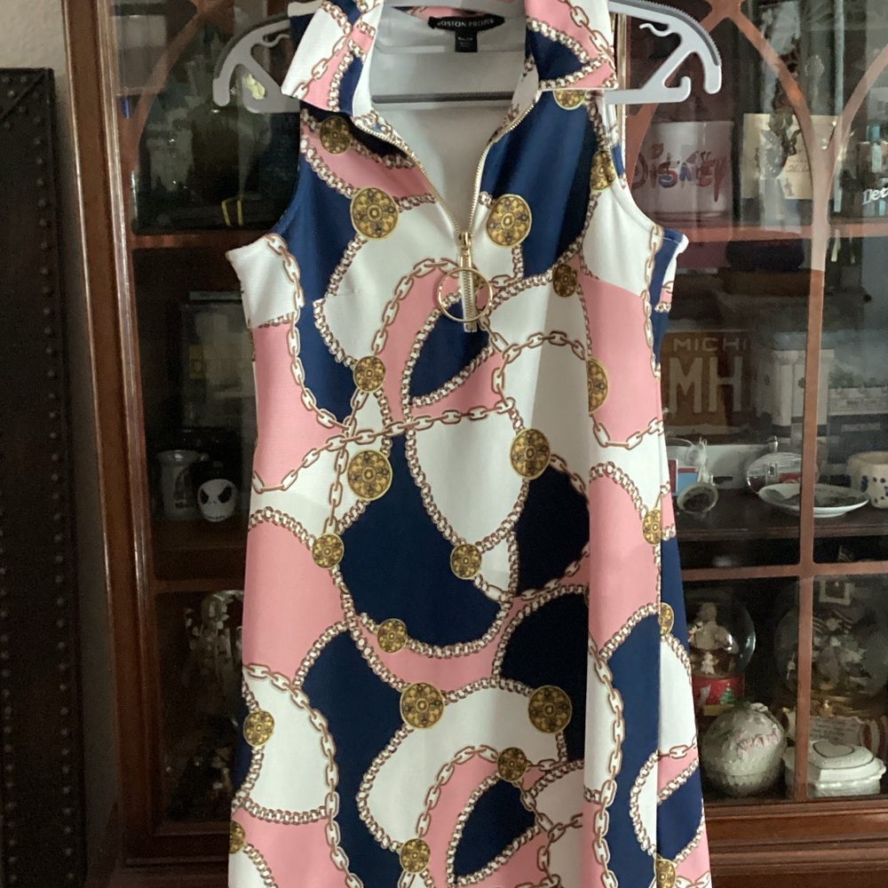Boston Proper Chain Print Midi Dress in Gold, Pink, and Navy